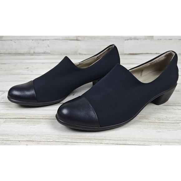 ECCO Women's Fabric and Leather Heeled Loafers Black EU Size 39/US Size 8.5-9 - Picture 1 of 9